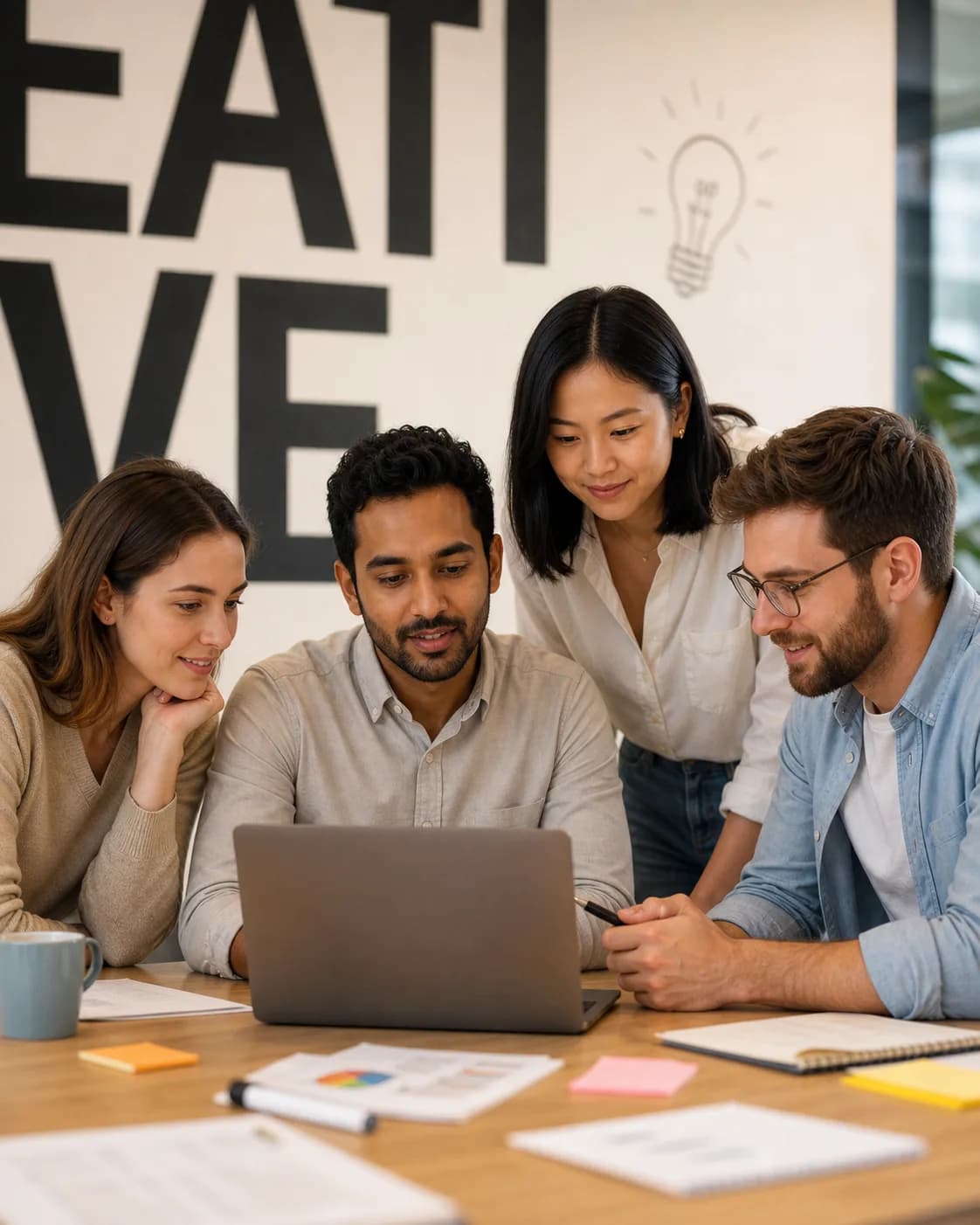 Creative team collaborating around a laptop