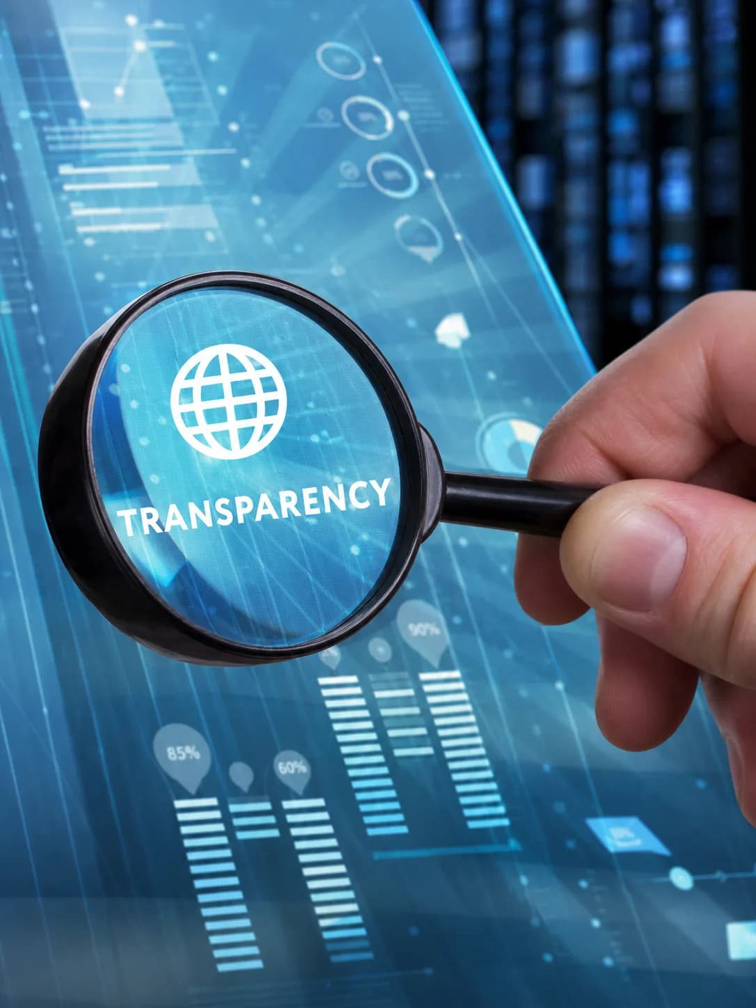 Transparent digital tablet showing business analytics