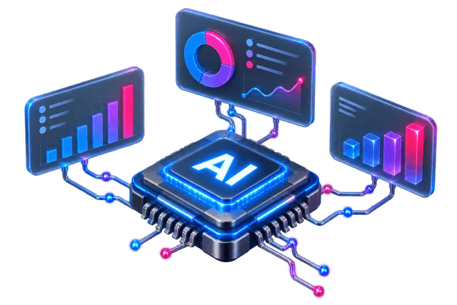 Three-dimensional AI processor connected to floating data dashboards