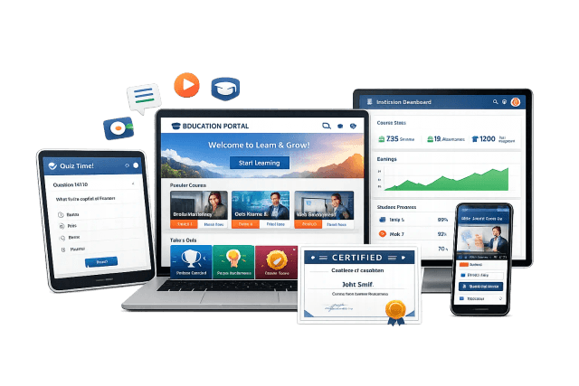 Education portal displayed across desktop and mobile devices