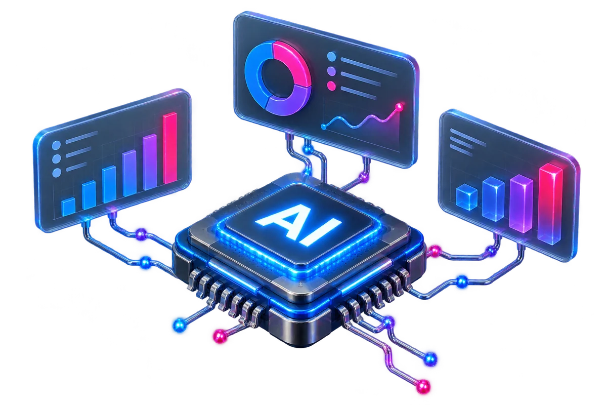 Three-dimensional AI processor connected to floating data dashboards