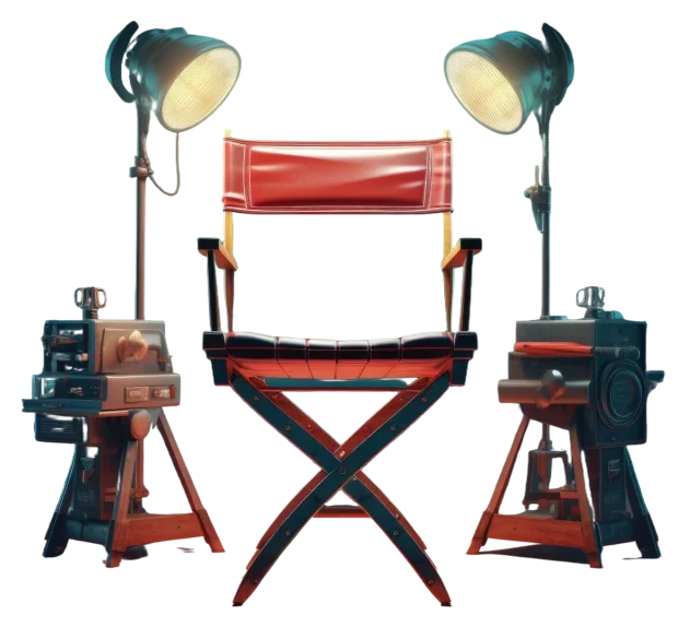 Director's chair surrounded by cameras and studio lights