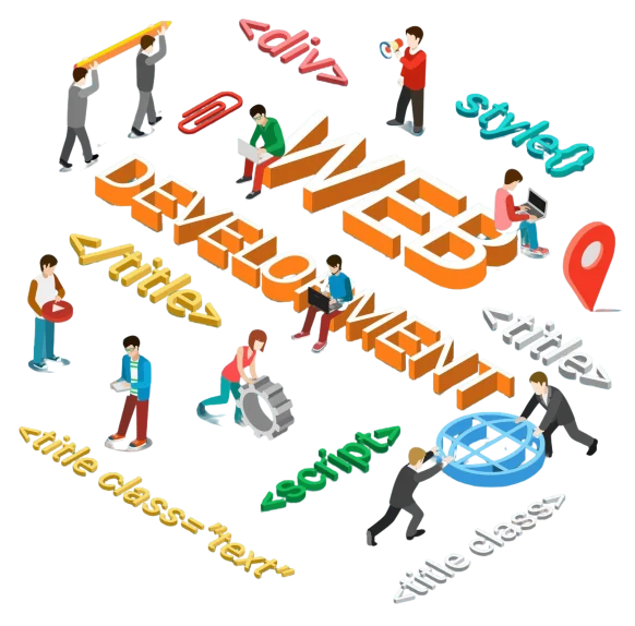 Web development illustration with people and development terms